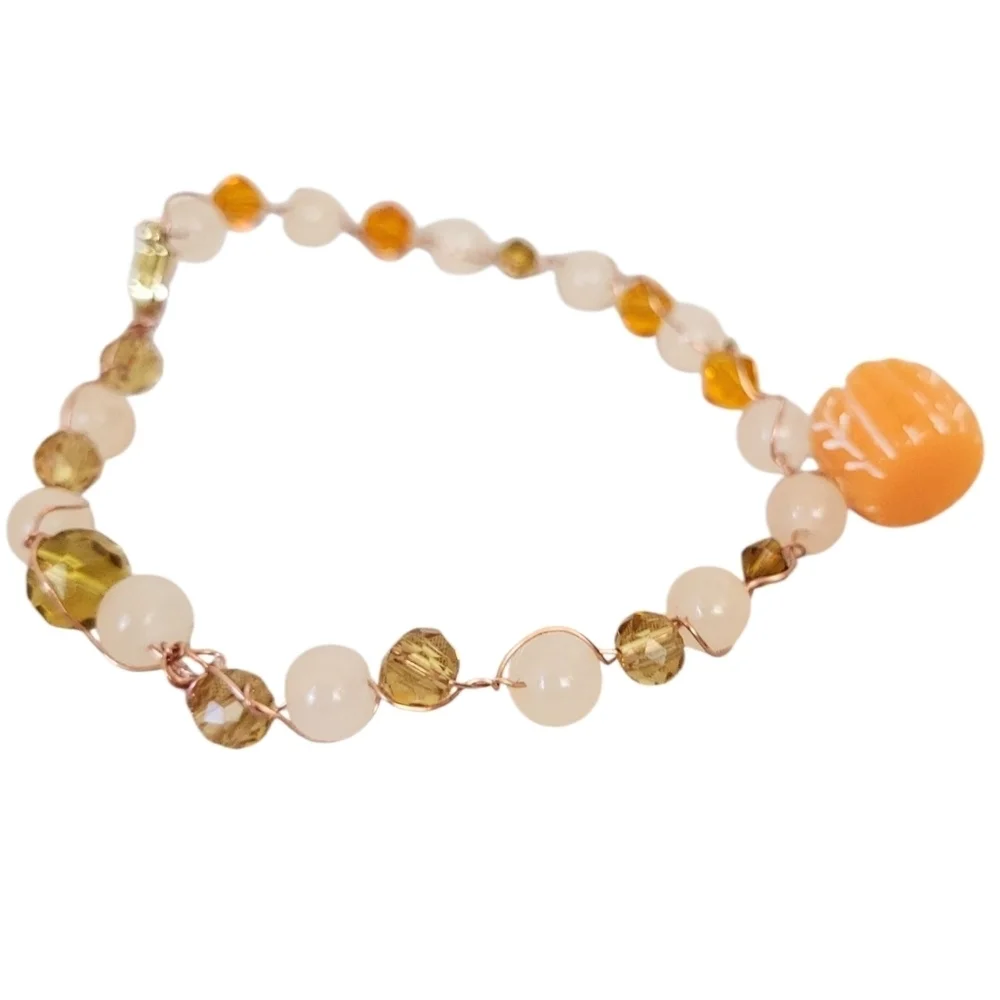 Orange Glass Bead Faceted Bicone Cube with Clear Bead & Copper Pumpkin Accent
